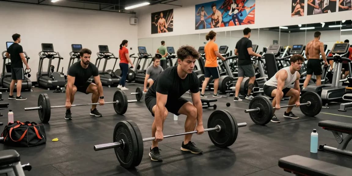 Aktive Bodybuilder im Steroidshop beim Training im Fitnessstudio, Motivationsatmosphäre mit Sportgeräten.