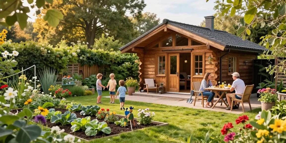 Gartenhaus im Grünen mit Familie, spielenden Kindern und gemütlicher Terrasse