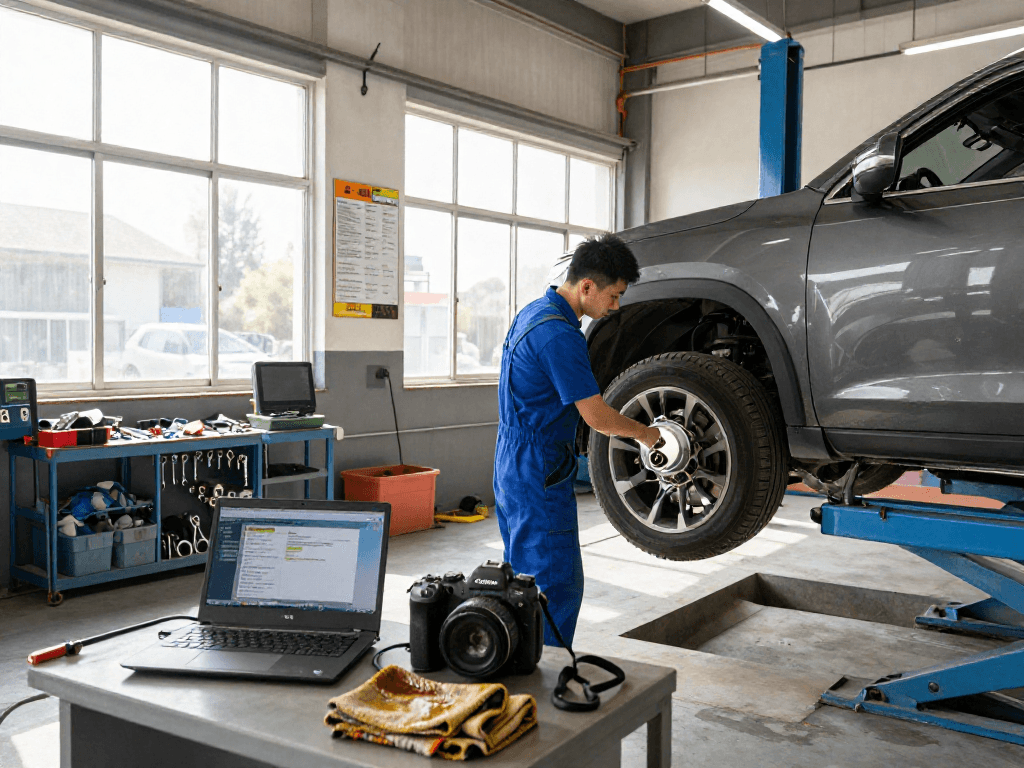 DPF Reinigung Laatzen im modernen Werkstattumfeld, Techniker prüft Dieselpartikelfilter an Fahrzeug.