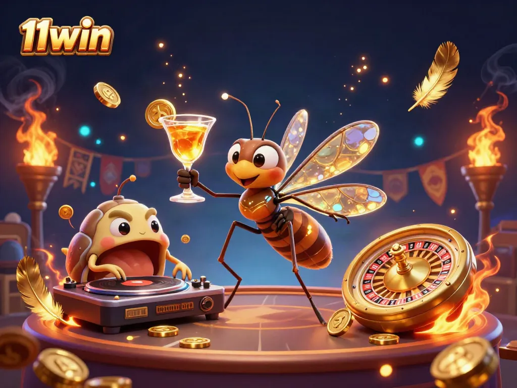 Experience the vibrant atmosphere of 11win with a lively casino scene featuring unique characters and gambling elements.