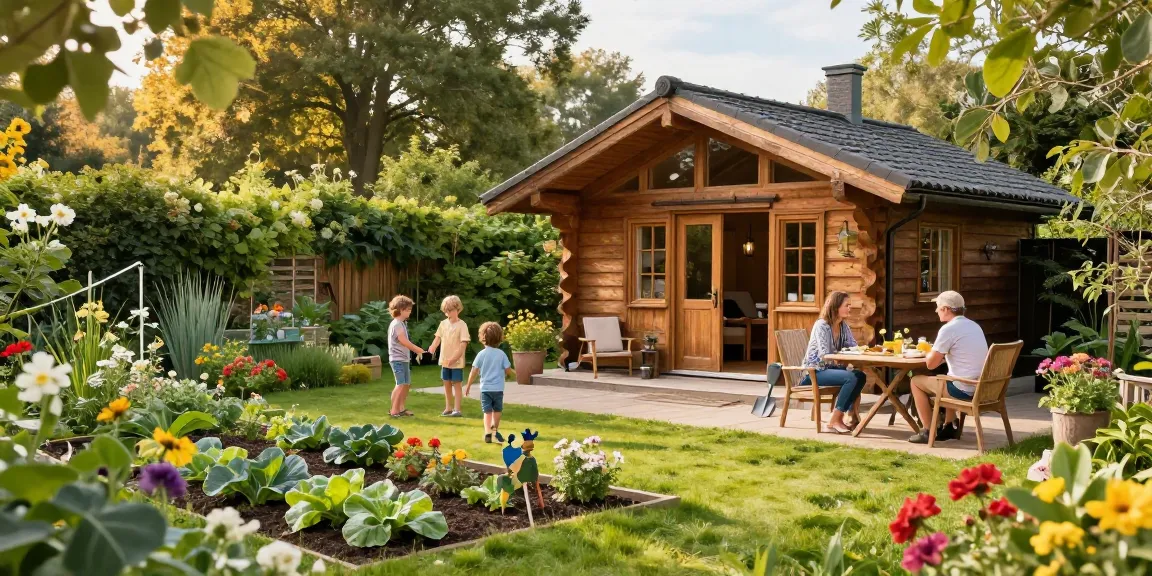 Gartenhaus im Grünen mit Familie, spielenden Kindern und gemütlicher Terrasse
