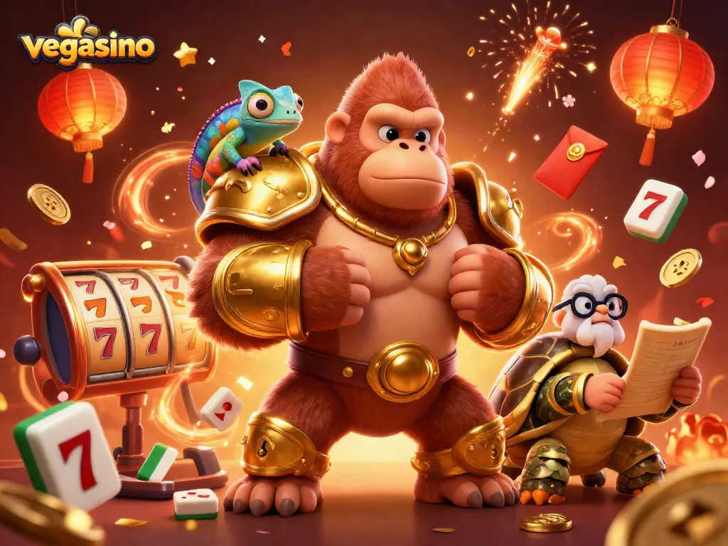 Experience the excitement of vegasino with a vibrant 3D casino scene showcasing a majestic gorilla king and dynamic elements.