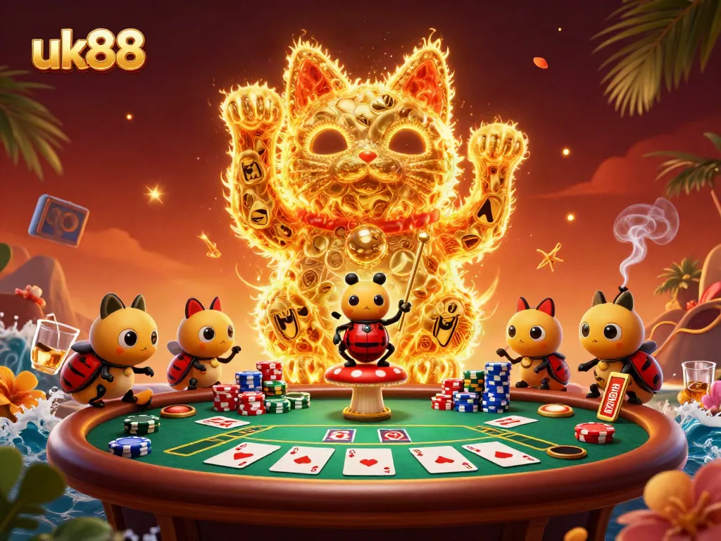 Win big at uk88 with vibrant casino action featuring a giant lucky cat made of fireflies.