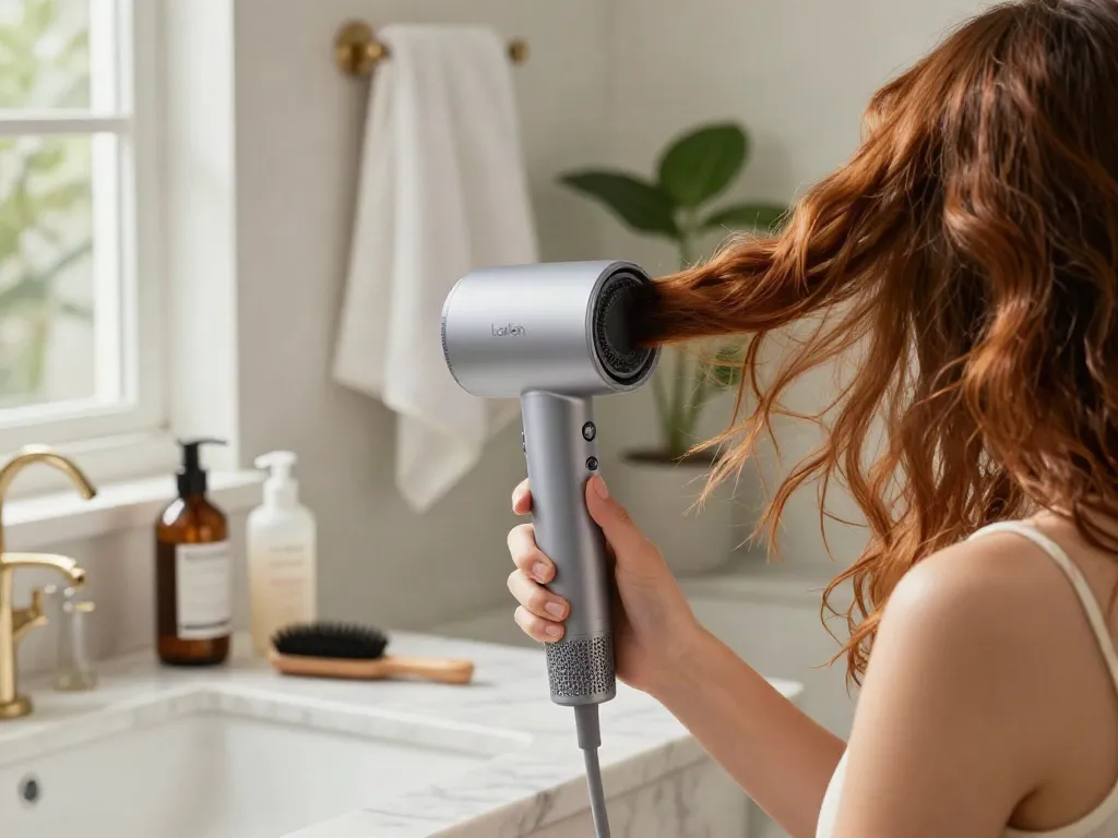 Frau mit dem leisen Air Pro Haartrockner, leise und stark, im eleganten Badezimmer.