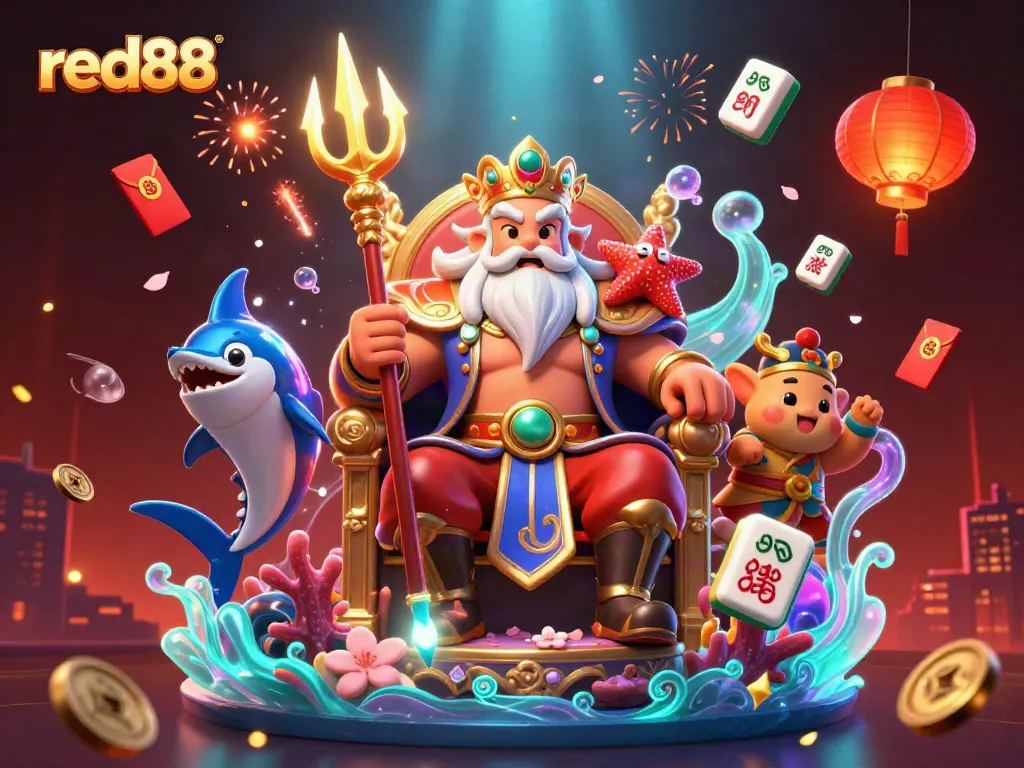Experience thrilling gameplay on red88 with a dynamic 3D illustration of Neptune and iconic casino elements.