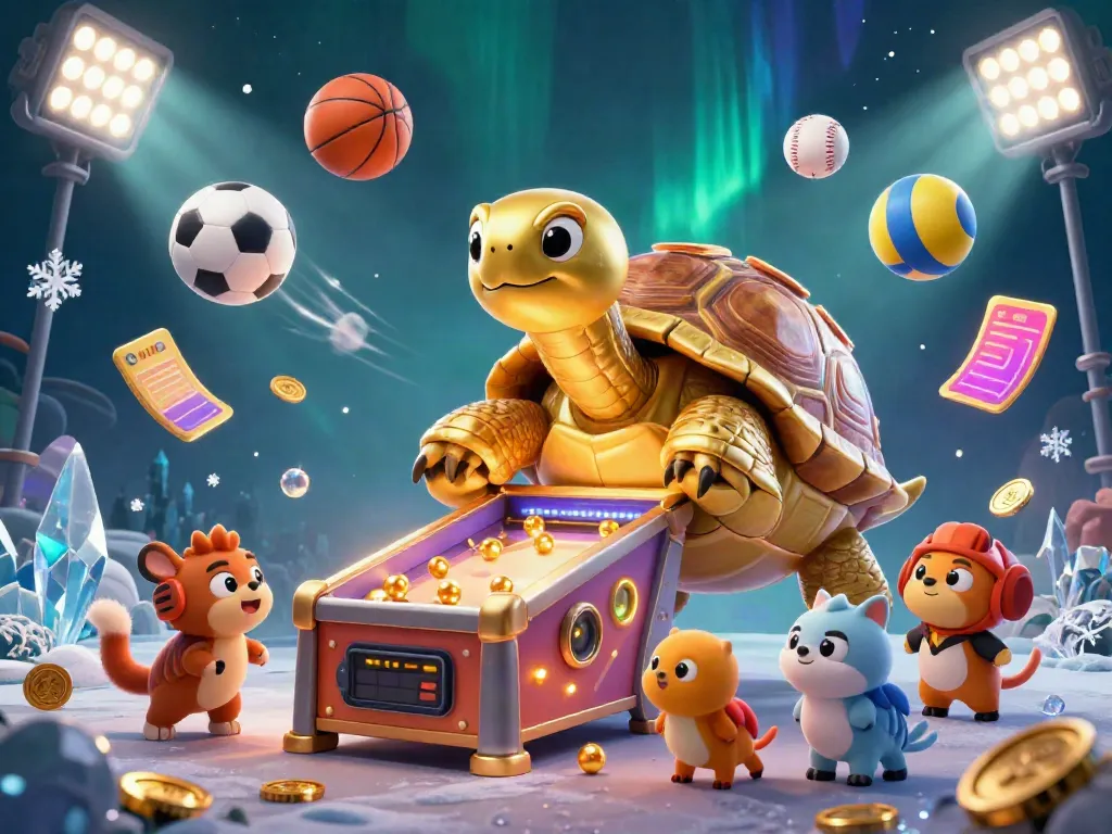 Experience lively gaming action at zowin with a whimsical 3D tortoise pinball machine and sports elements.