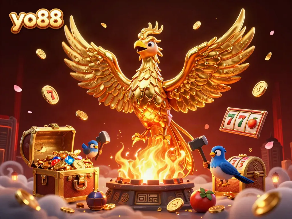 Experience the thrill of yo88 with a golden phoenix releasing coins and slot-themed treasures in a vibrant scene.