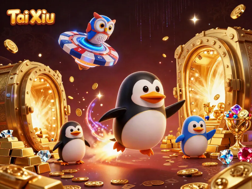 Engage in the excitement of Tài Xỉu with a golden penguin soaring through space towards a vibrant casino.
