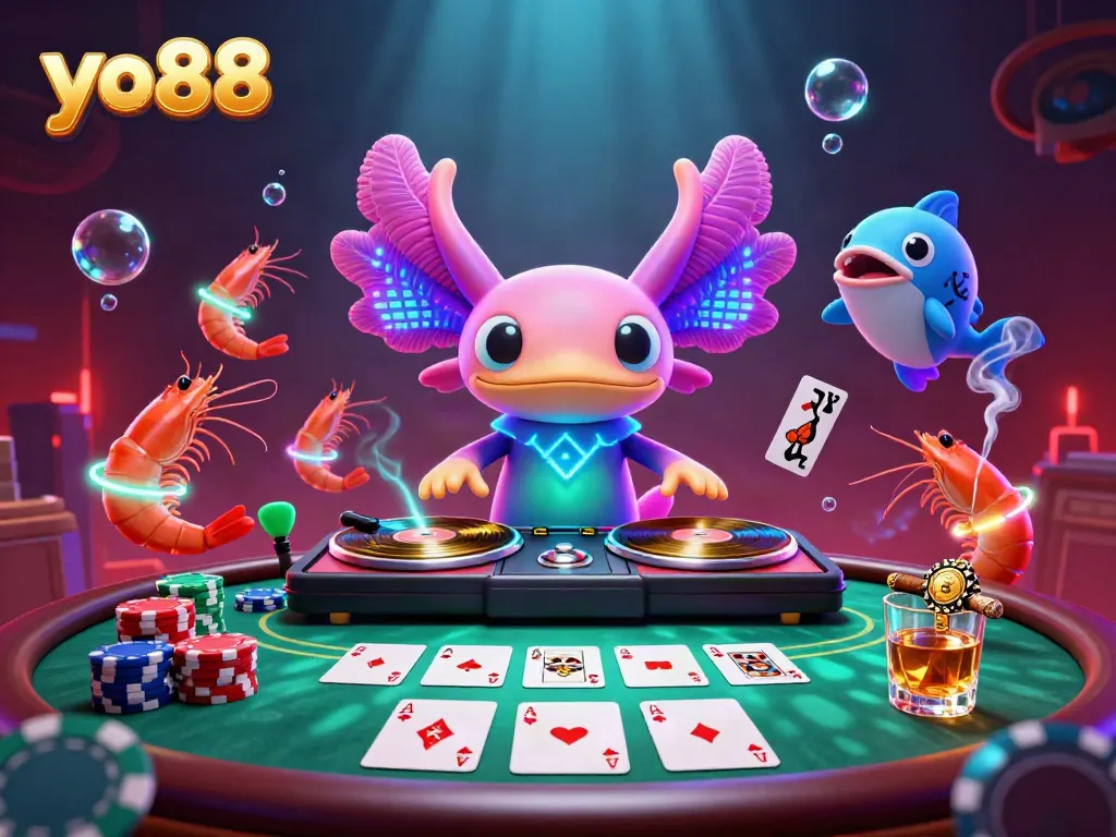 Engage with the vibrant underwater casino scene at yo88 featuring a DJ axolotl, dancing shrimp, poker elements, and neon glow effects.
