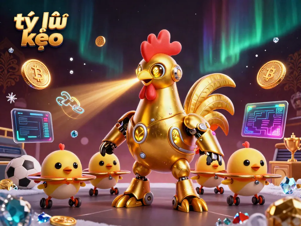 Engage in thrilling sports betting with tỷ lệ kèo displayed in a vibrant 3D casino scene featuring a golden rooster robot.