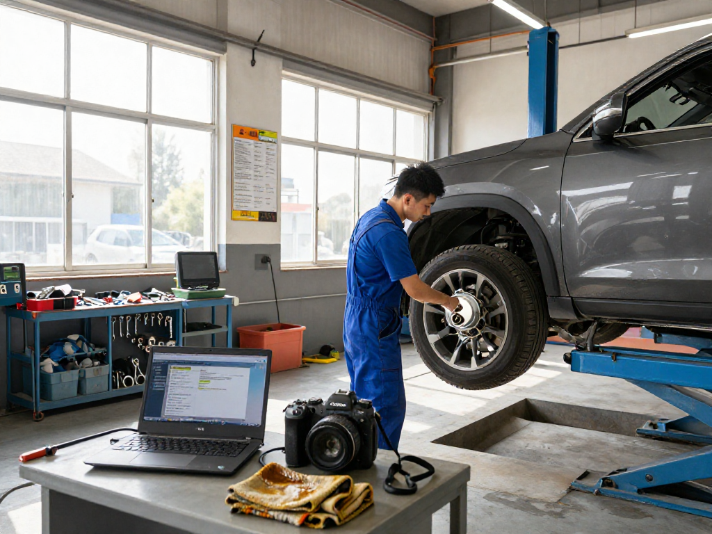 DPF Reinigung Laatzen im modernen Werkstattumfeld, Techniker prüft Dieselpartikelfilter an Fahrzeug.