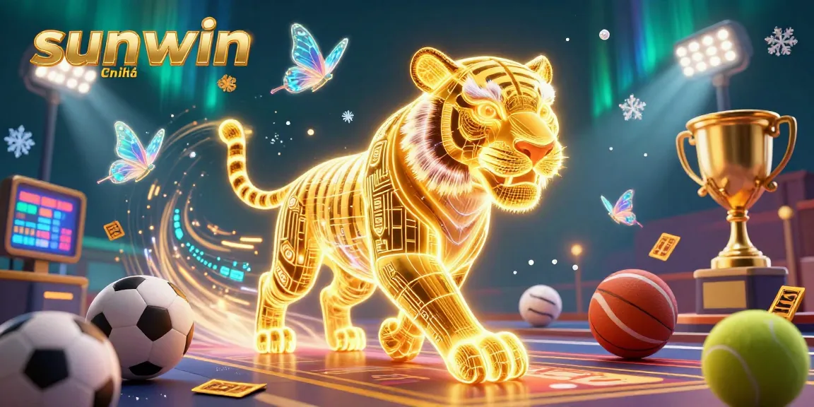 Experience the excitement of sunwin chính hãng with dynamic sports elements, a glowing tiger, and a vibrant casino atmosphere.