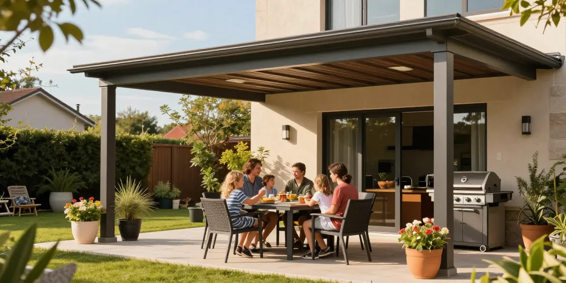 Moderne Terrassenüberdachung, komfortable Terrasse mit Familie und Garten.