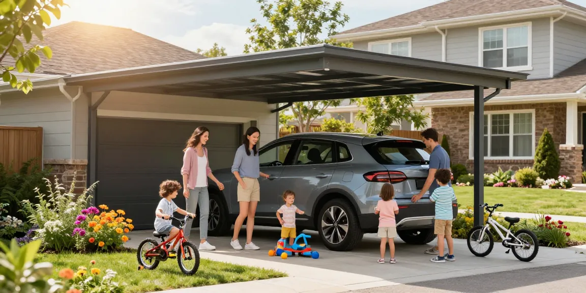 Moderne Carport-Installation in einem einladenden Garten mit spielenden Kindern und geparktem Auto