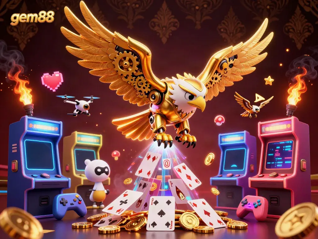 Experience thrilling gameplay at gem88 with a dynamic illustration of an eagle and colorful game elements.