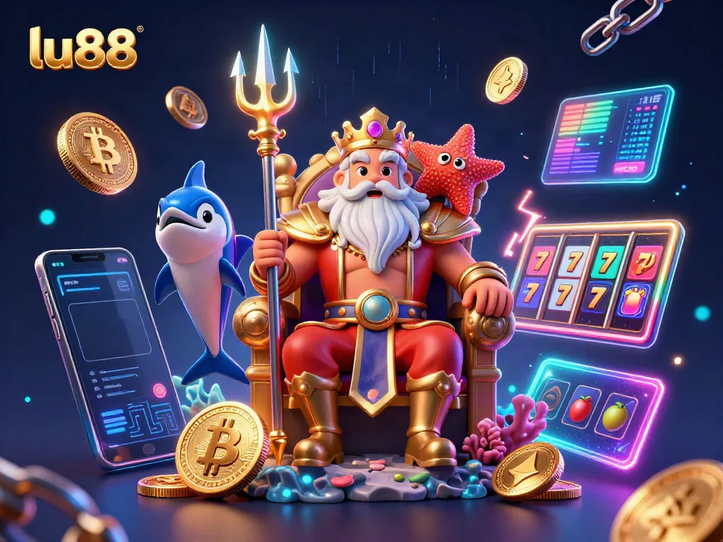 Experience thrilling gameplay with lu88 in an exhilarating 3D casino scene, featuring sea king Neptune and jackpot symbols.