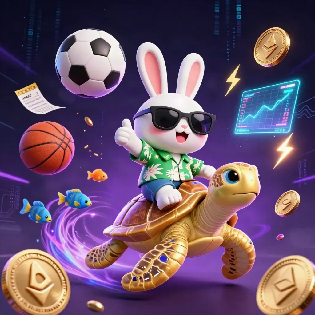 Cartoon-Hase auf Goldschildkröte, Sportbälle, Coins und Neonblitze vor dunklem Violett.