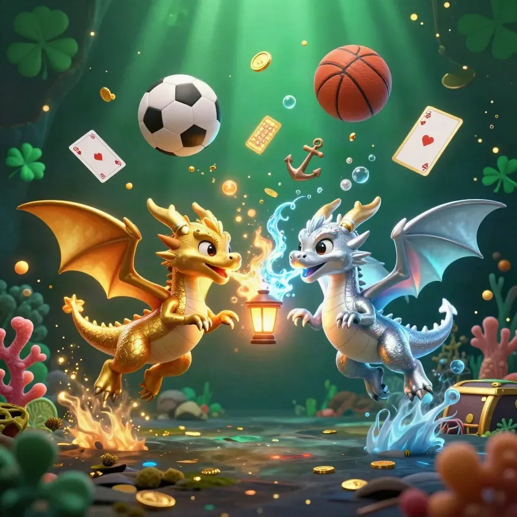 Goldener und silberner Drache über Schatzmeer mit Bällen, Karten und Lichtglanz.