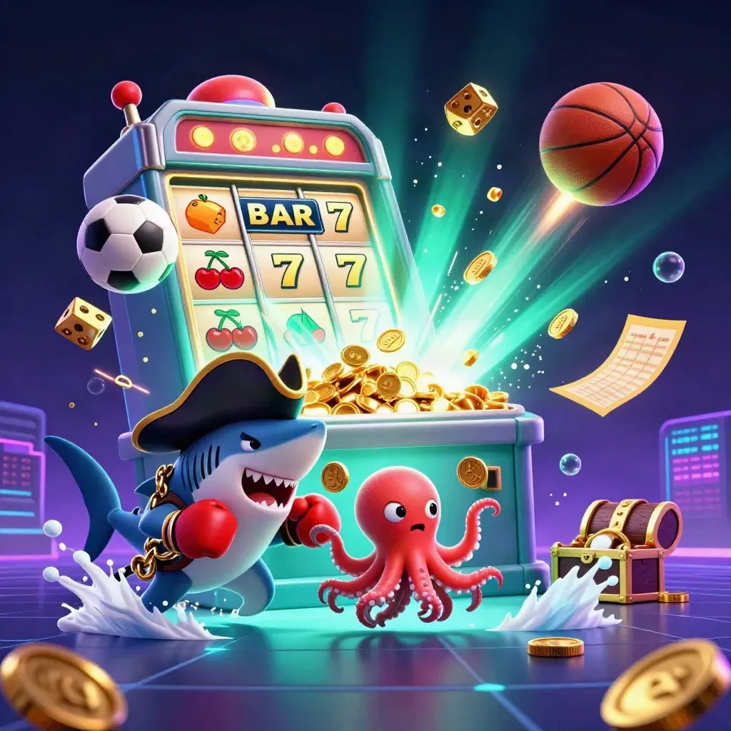 Piratenhai, Kugelfisch und Oktopus vor Slotmaschine, Basketball und Gold im Neon-Unterwasserlook