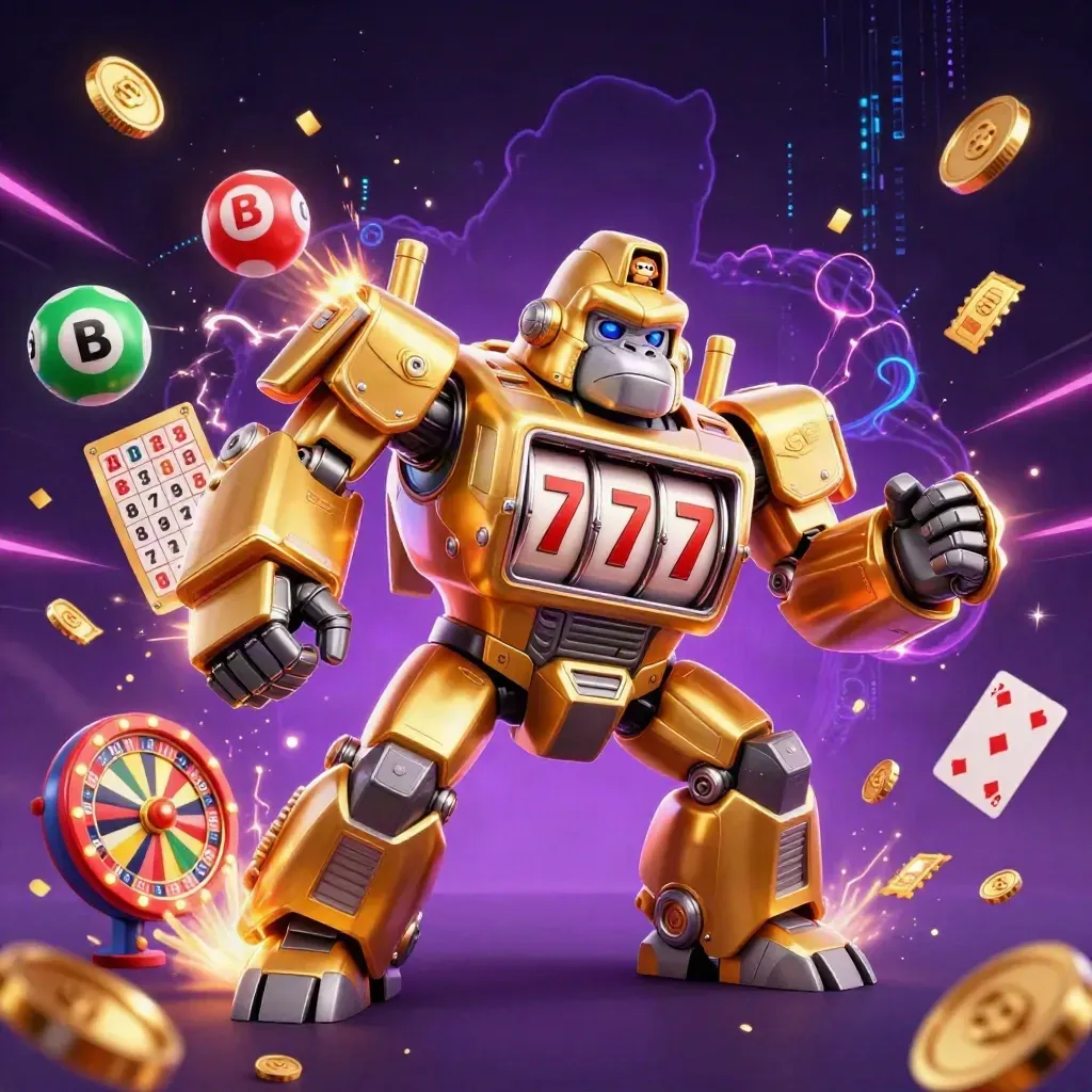 Goldener Gorilla-Mech mit Affenpilot, Reels, Kugeln und Gold vor dunklem Violett.