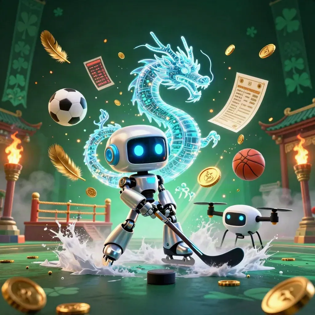 Cyberpunk-Roboter, Hologramm-Drache und Drohne um einen Eishockey-Puck im Funkenregen