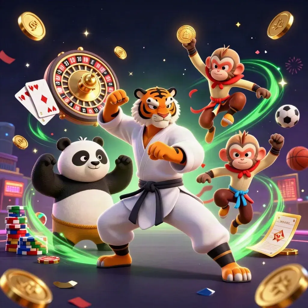 Tiger, Panda und Affe wirbeln Gold, Chips und Spielkarten vor dunklem Casino-Hintergrund.