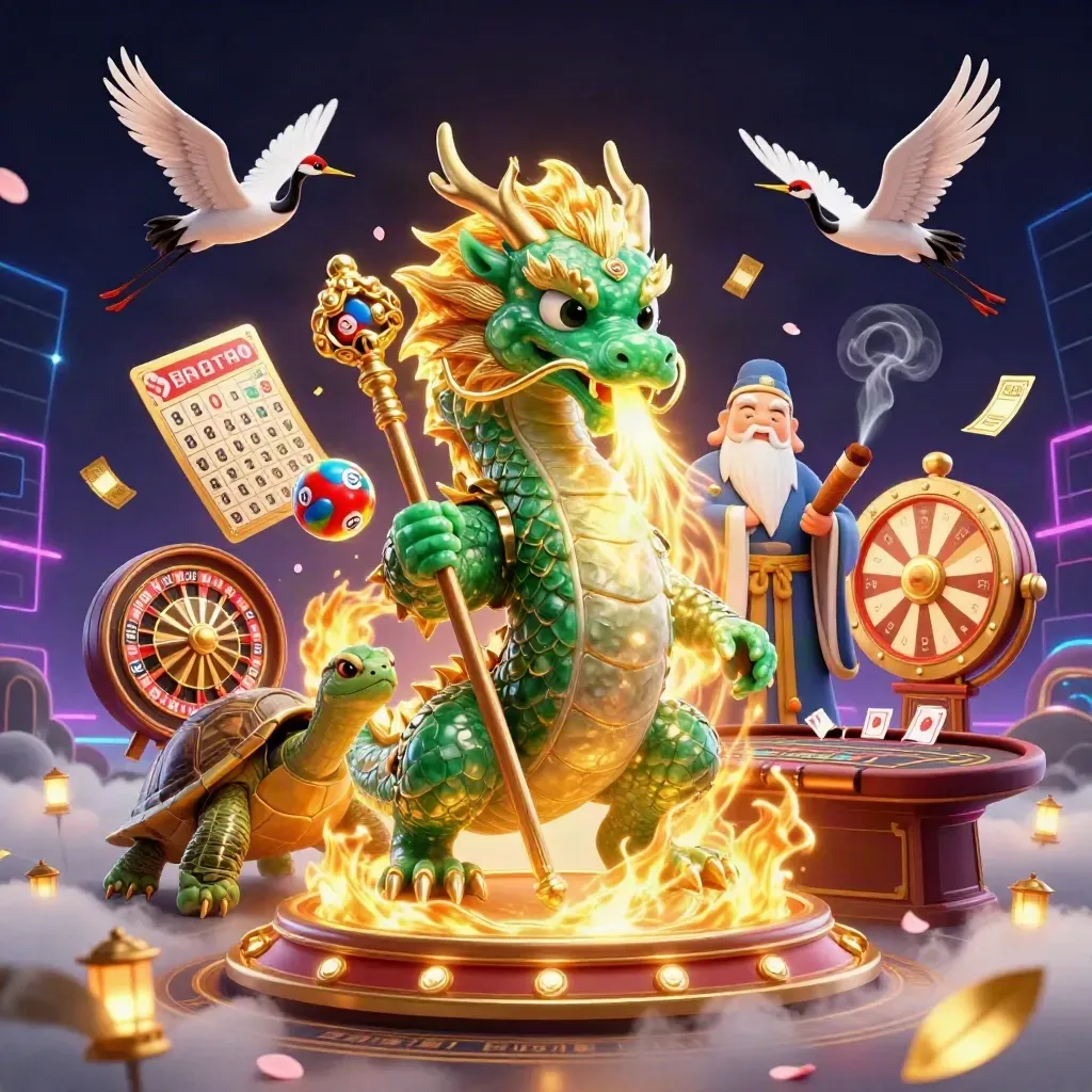 Jade-Drache, Schildkröte und Kraniche in einer goldenen Casino-Szene mit Spielobjekten.