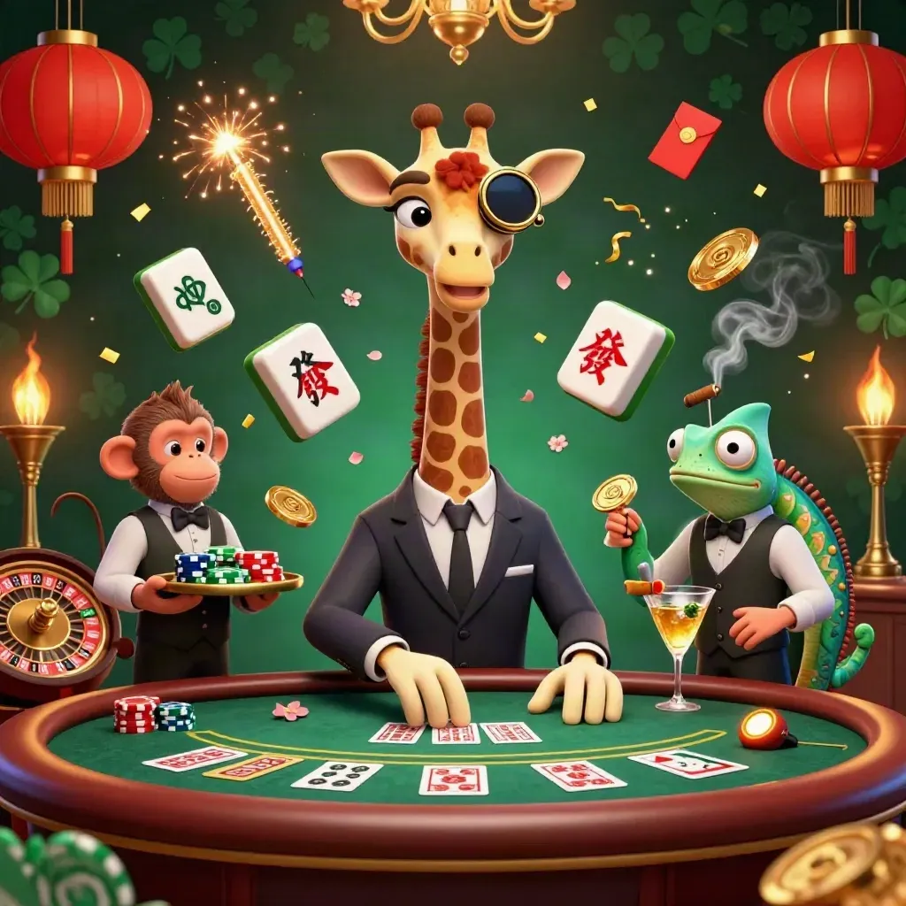 Giraffe, Affe und Chamäleon an VIP-Tisch mit Goldlicht, Rauch und Glückssymbolen.