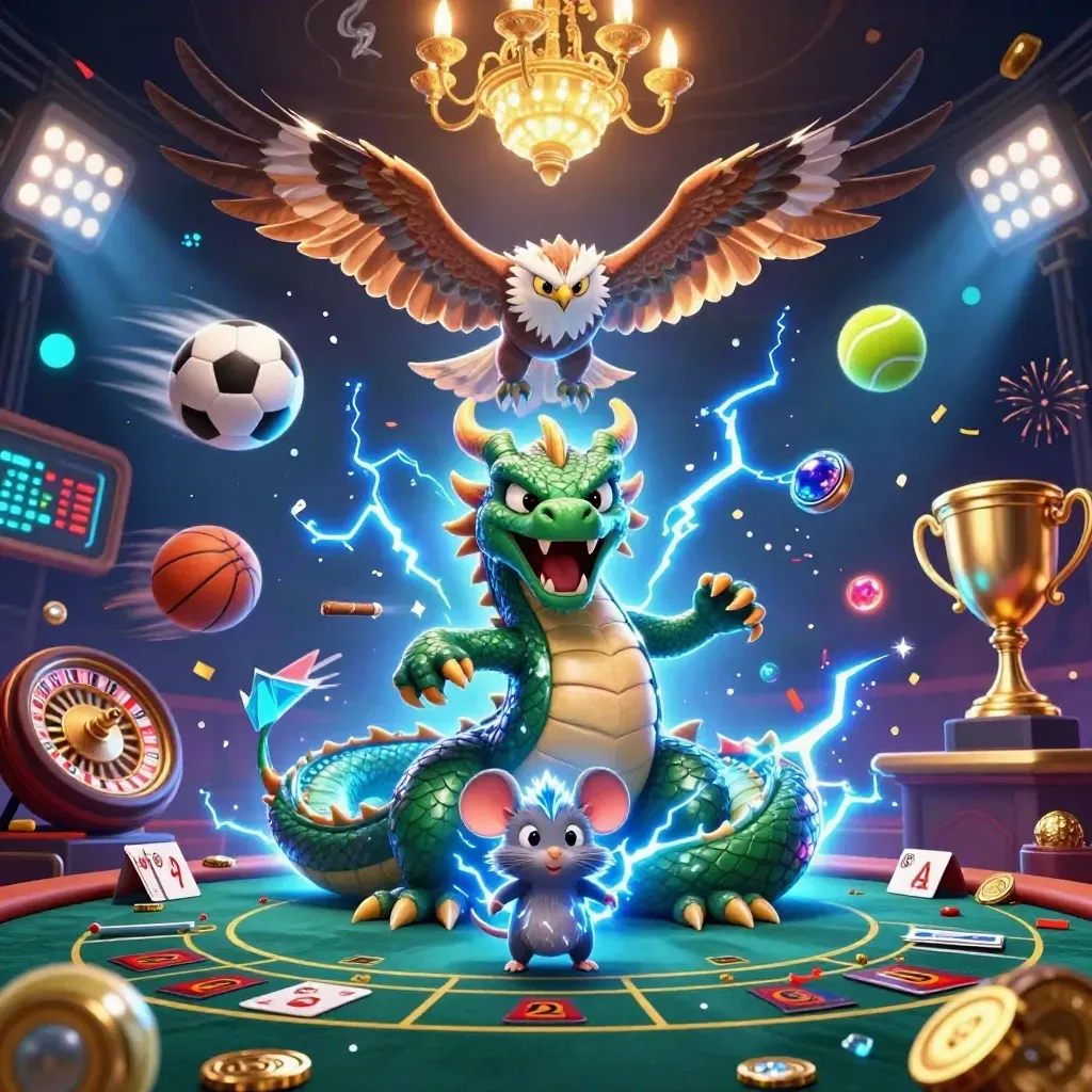 Thunderdrache, Windhabicht und Maus in einer luxuriösen Casino-Szene mit Gold, Licht und Funken.