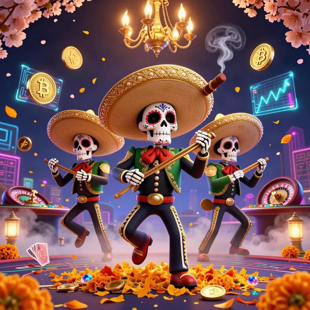 Skeleton-Mariachis vor Neonhorizont, Goldmünzen, Krypto-Icons und Casino-Licht
