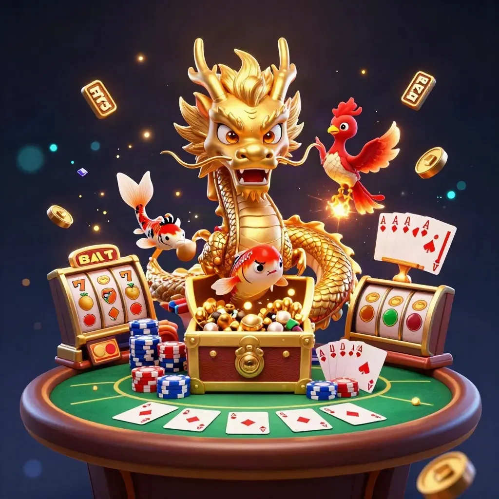 Goldener Drache, roter Phönix und Koi mit Pokerchips vor dunklem Casino-Hintergrund.