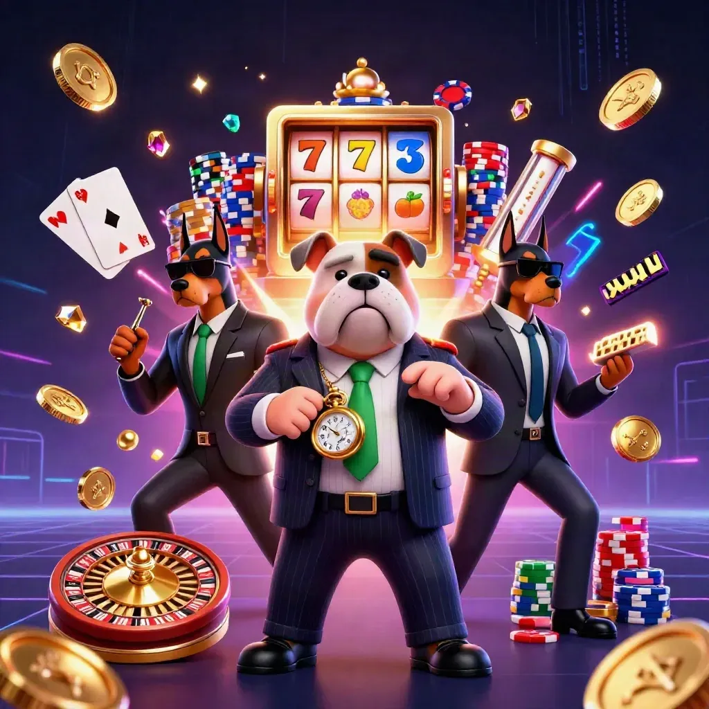Bulldog-Mafioso mit zwei Dobermännern, umgeben von Münzen, Chips und Karten.