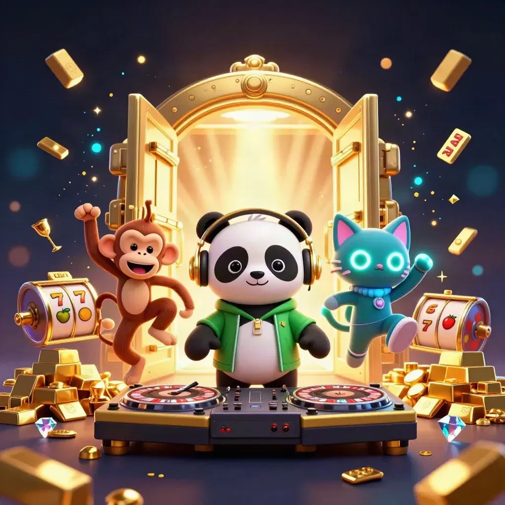 DJ-Panda, tanzender Affe und leuchtendes Kätzchen vor Schatzkammertor im Goldglanz