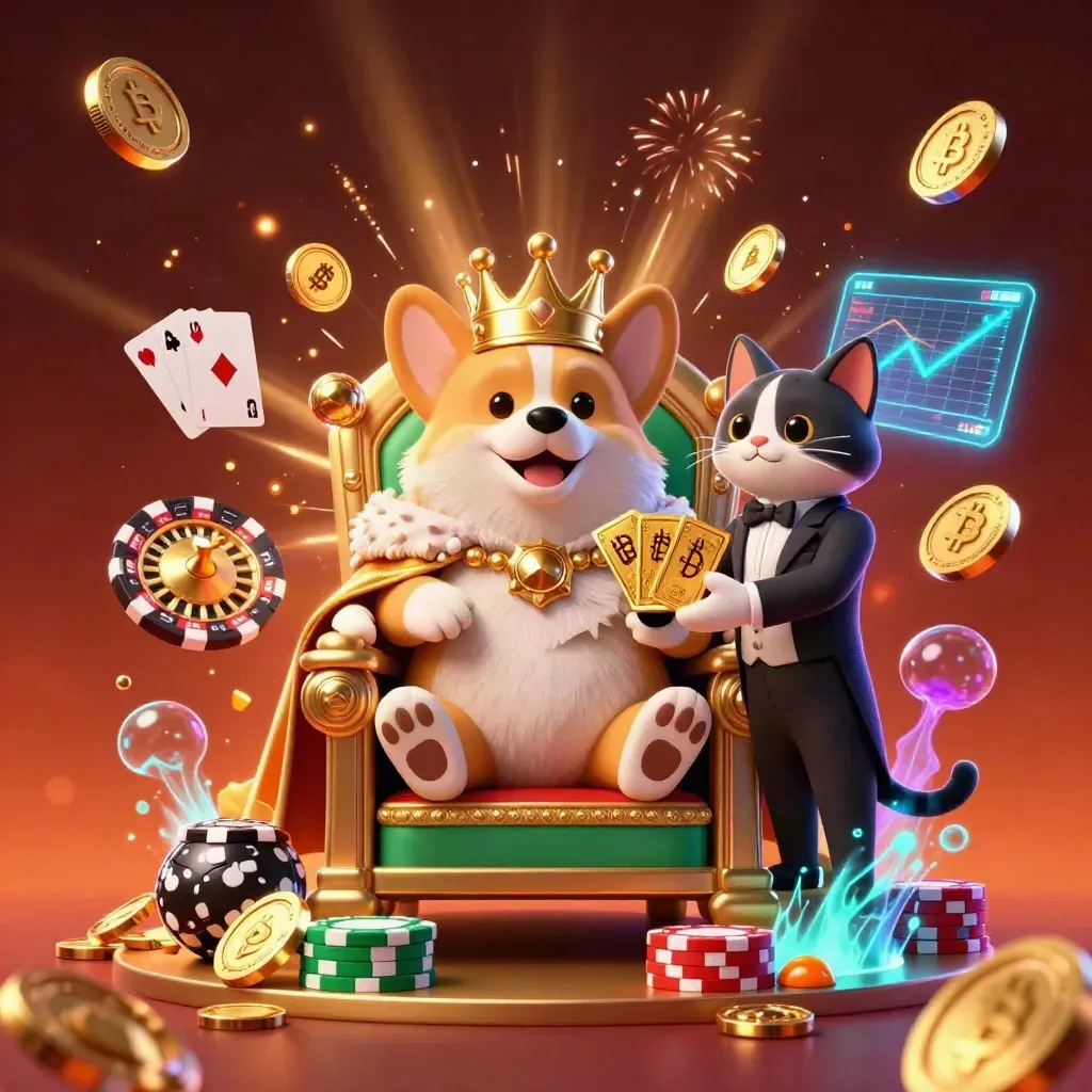 Königlicher Corgi und Katzenbutler auf Pokerchip-Thron, Gold, Coins und Neon-Effekte