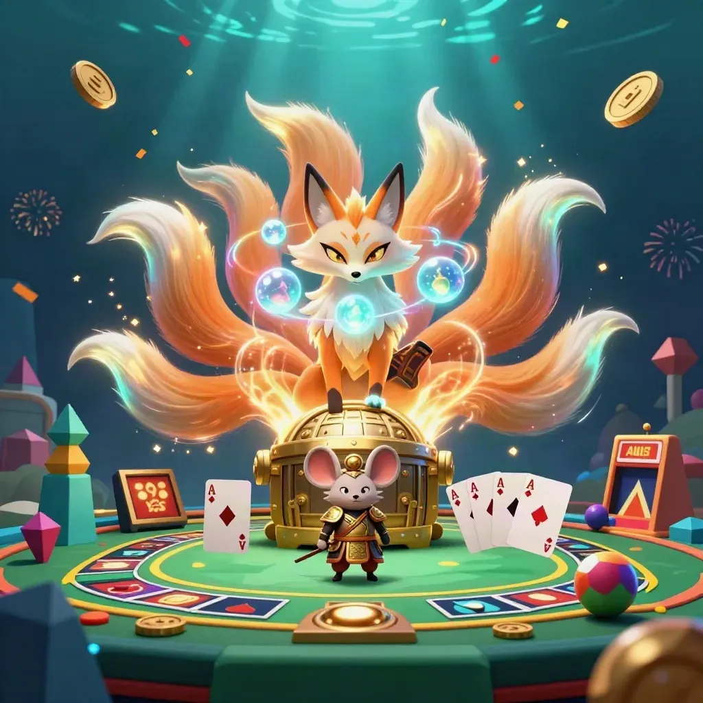 Neunschwänziger Fuchsgeist mit Samurai-Maus, Münzen, Pokerchips und Feuerwerk