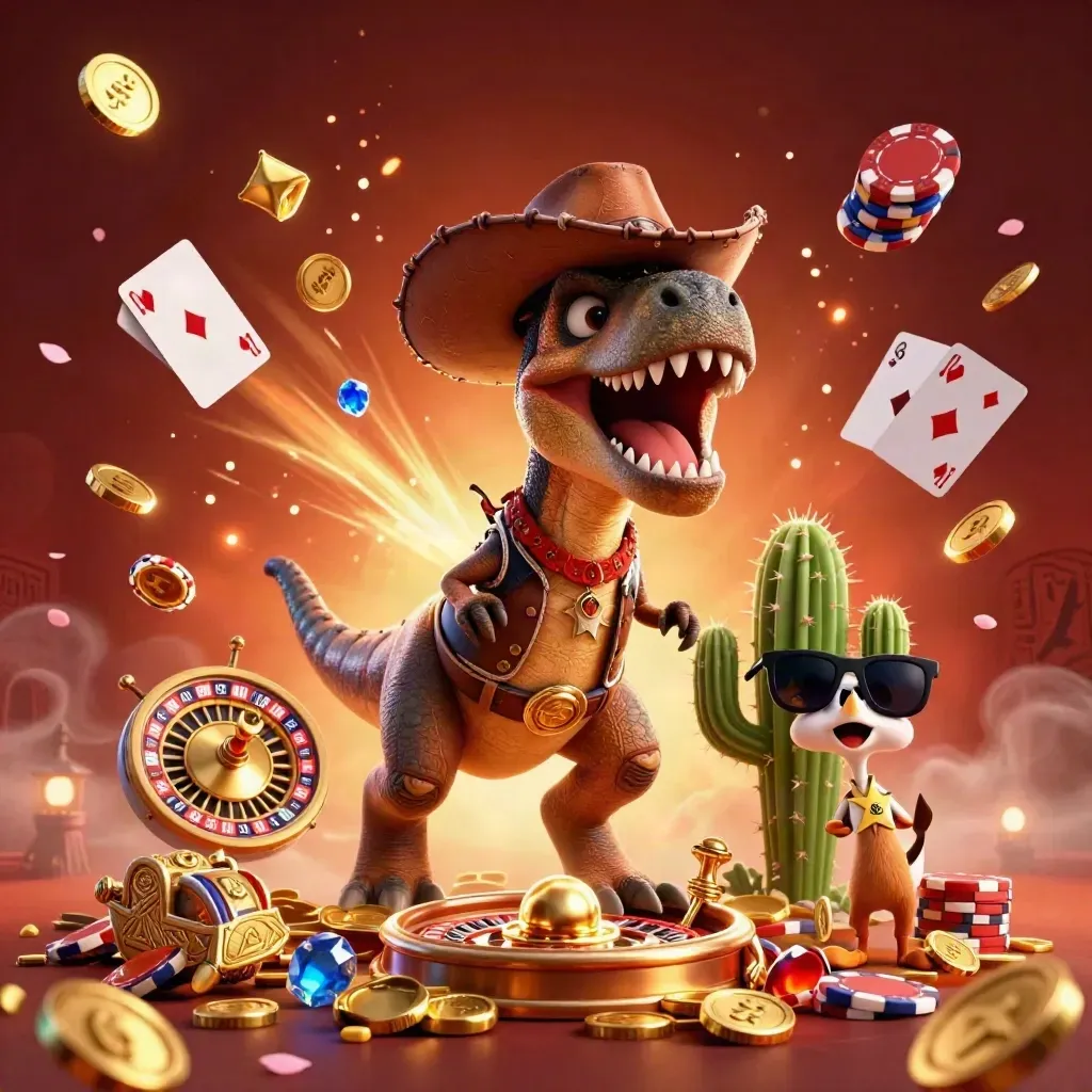 T-Rex-Cowboy, Kaktus und Roadrunner wirbeln Goldmünzen, Chips und Feuerwerk vor dunklem Casino-Hintergrund.