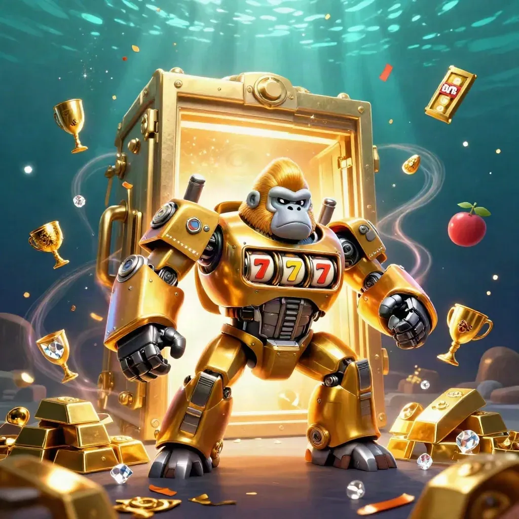 Goldener Gorilla-Mech mit Affenpilot, Tresor, Gold und Slot-Reels im dunklen Teal-Licht.