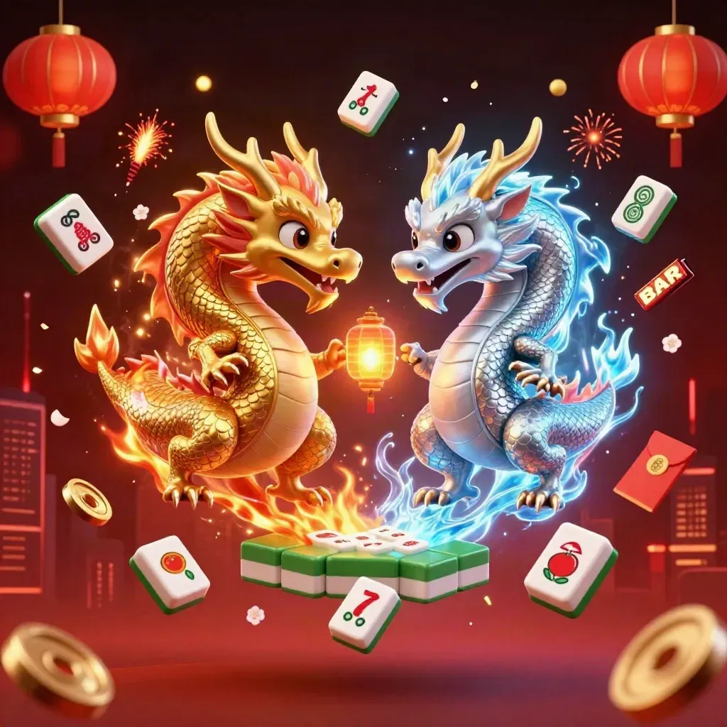 Zwei Drachen in Gold und Silber wirbeln mit einem Lampengeist im Casino-Licht.