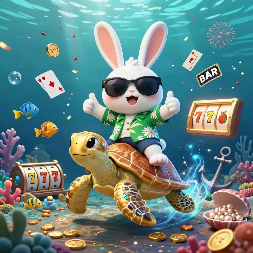 Hase auf goldener Schildkröte im Unterwasser-Glücksspiel-Glanz, mit Fischen und Gold