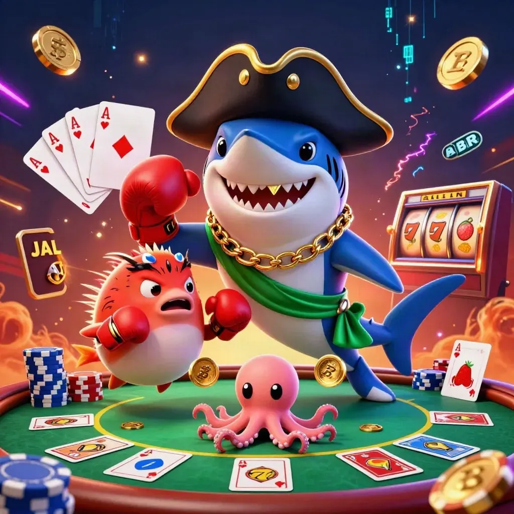 Piratenhai, Boxer-Kugelfisch und Baby-Oktopus in einer leuchtenden Casino-Szene mit Pokerchips