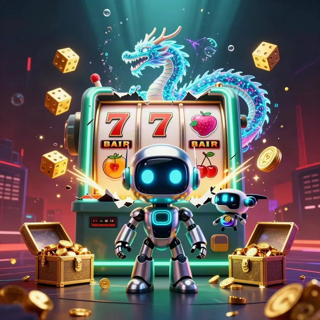 Cyberpunk-Roboter, Holo-Drache und Münz-Drohne vor Slotmaschine und Goldregen.