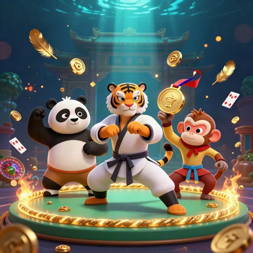 Tiger, Panda und Affe um ein goldenes Casino-Medaillon mit Funken und Licht