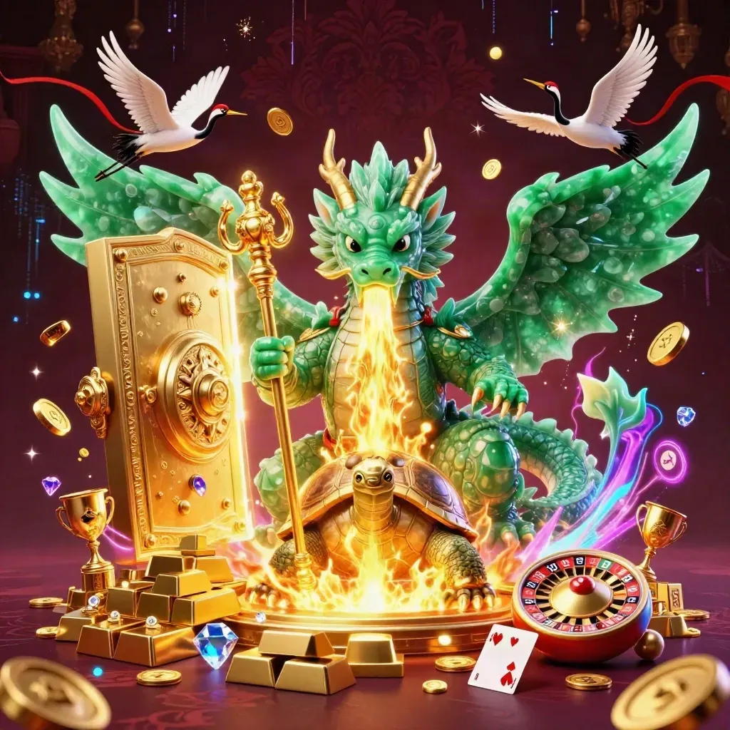Jade-Drache, Schildkröte und Kraniche vor Goldtresor, mit Münzen und Neonfunken