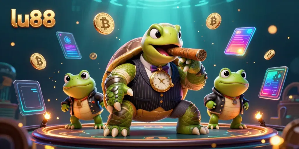 Experience exciting gameplay at LU88 with a 3D scene of a snapping turtle mobster and bullfrog enforcers.