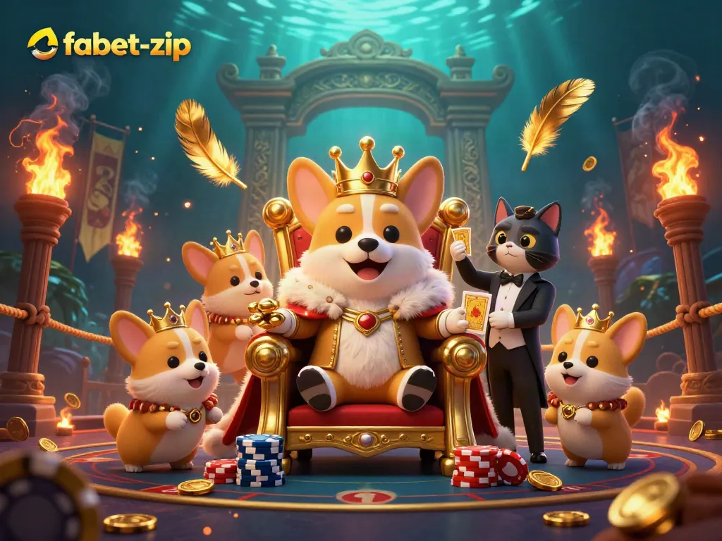 Bet on fabet-zip with a vibrant scene featuring a royal corgi and dynamic gambling elements.