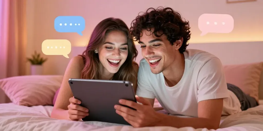 Couple enjoying a free AI sex chat in a cozy room, emphasizing intimacy and connection.