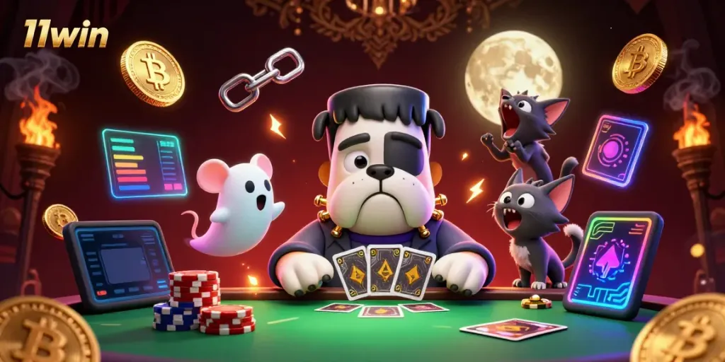 Engage at 11win with a vibrant scene of a Frankenstein bulldog dealing cards amidst crypto coins and characters in a casino setting.