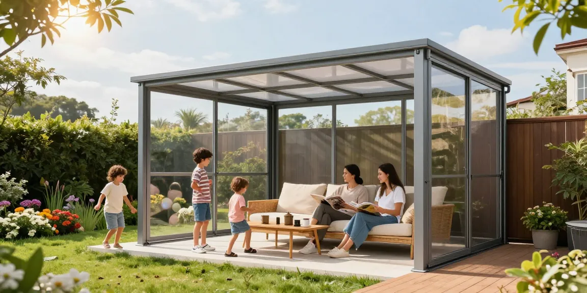 Moderne Terrassenüberdachung freistehend in einem schönen Garten mit einer Familie, die draußen entspannt und spielt.