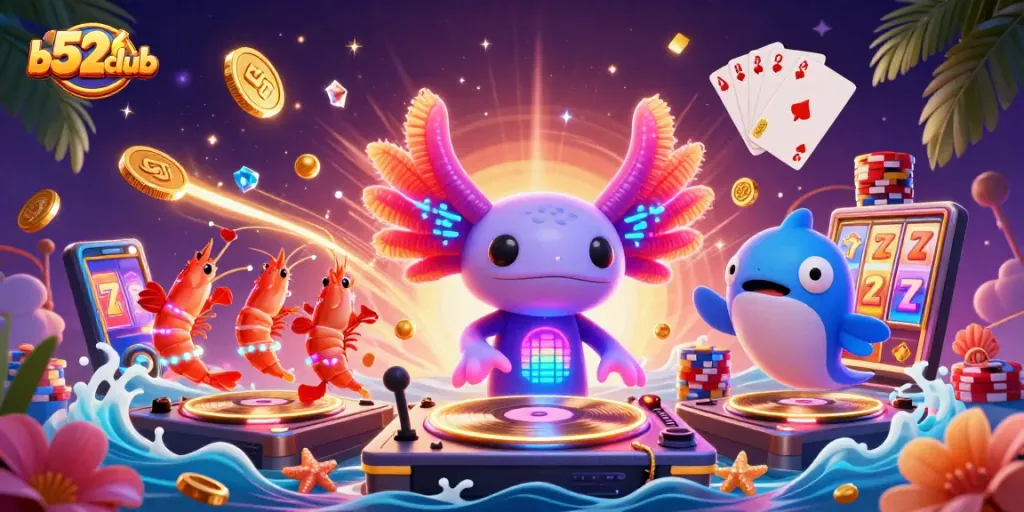 Spin lucky slots and win big at b52club with this vibrant 3D casino scene.
