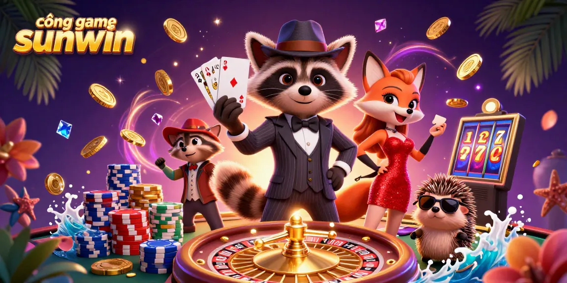 Engage in thrilling gameplay at cổng game sunwin featuring a suave raccoon and fox amidst cascading winnings.
